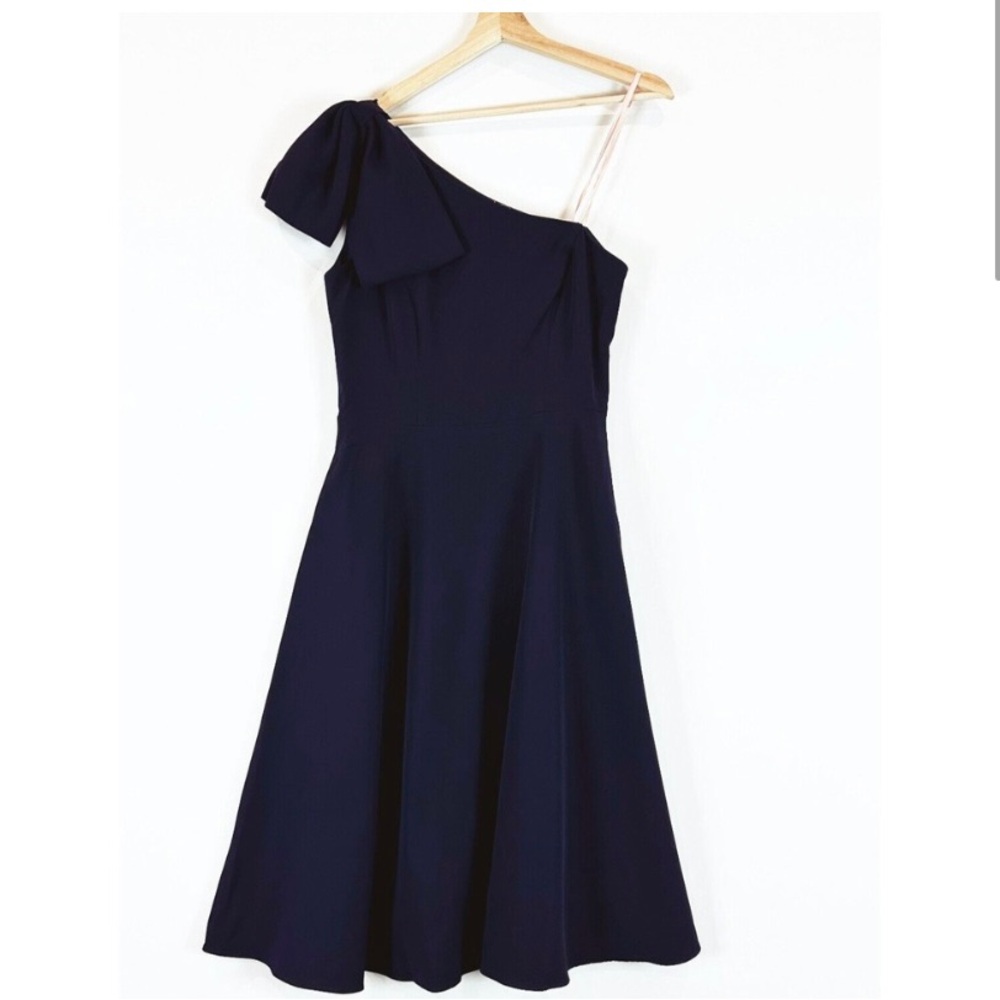 Gal Meets Glam Navy Blue A-line One Shoulder Midi Cocktail Dress